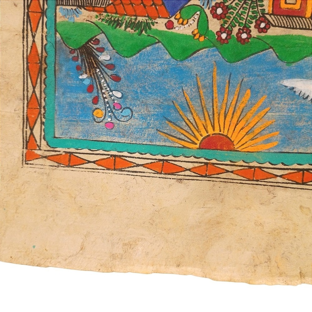 Vintage Mexican Amate Bark Painting Folk Art Village Scene Handmade Paper 11x15 - Picture 3 of 4